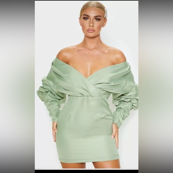 SAGE GREEN OFF THE SHOULDER RUCHED BODYCON DRESS, SIZE 8, NEW WITH TAGS, PLT - Picture 2 of 5
